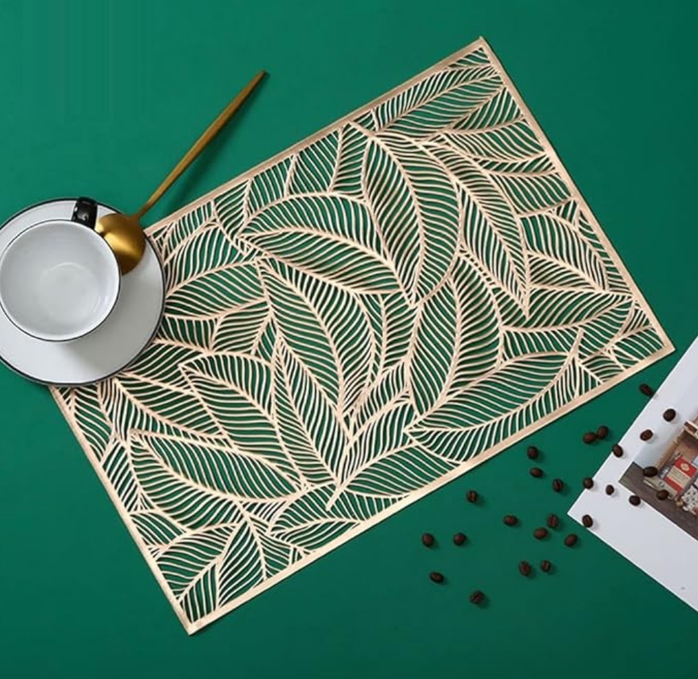 Luxury Dining Table Placemat, Washable Table Mats, Non-Slip Mats for Table Decoration, Best For Bed-Side Table/Center Table, Dining Table/Shelves (Rectangle Leaves Mat, Linen, Golden)